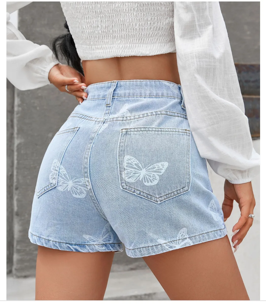 White Butterfly Print Denim Shorts