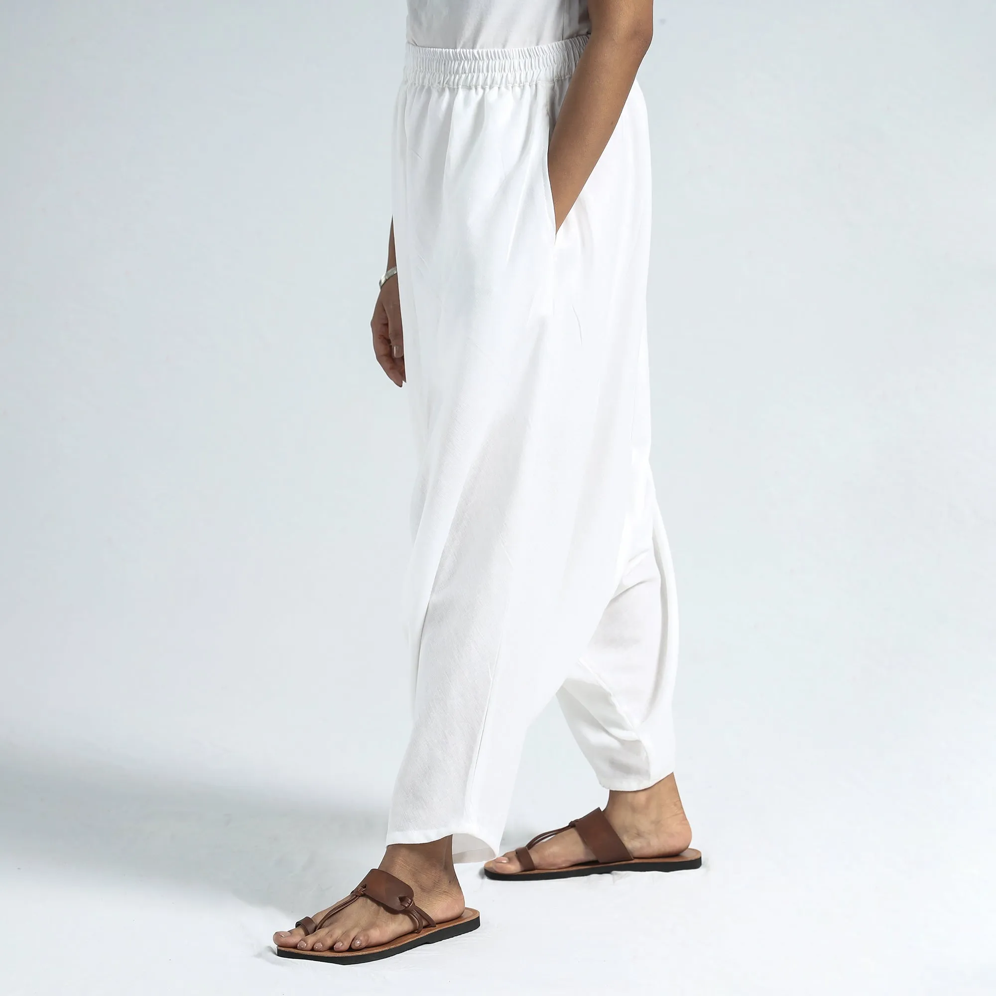 White - Plain Flex Cotton Elasticated Harem Pant