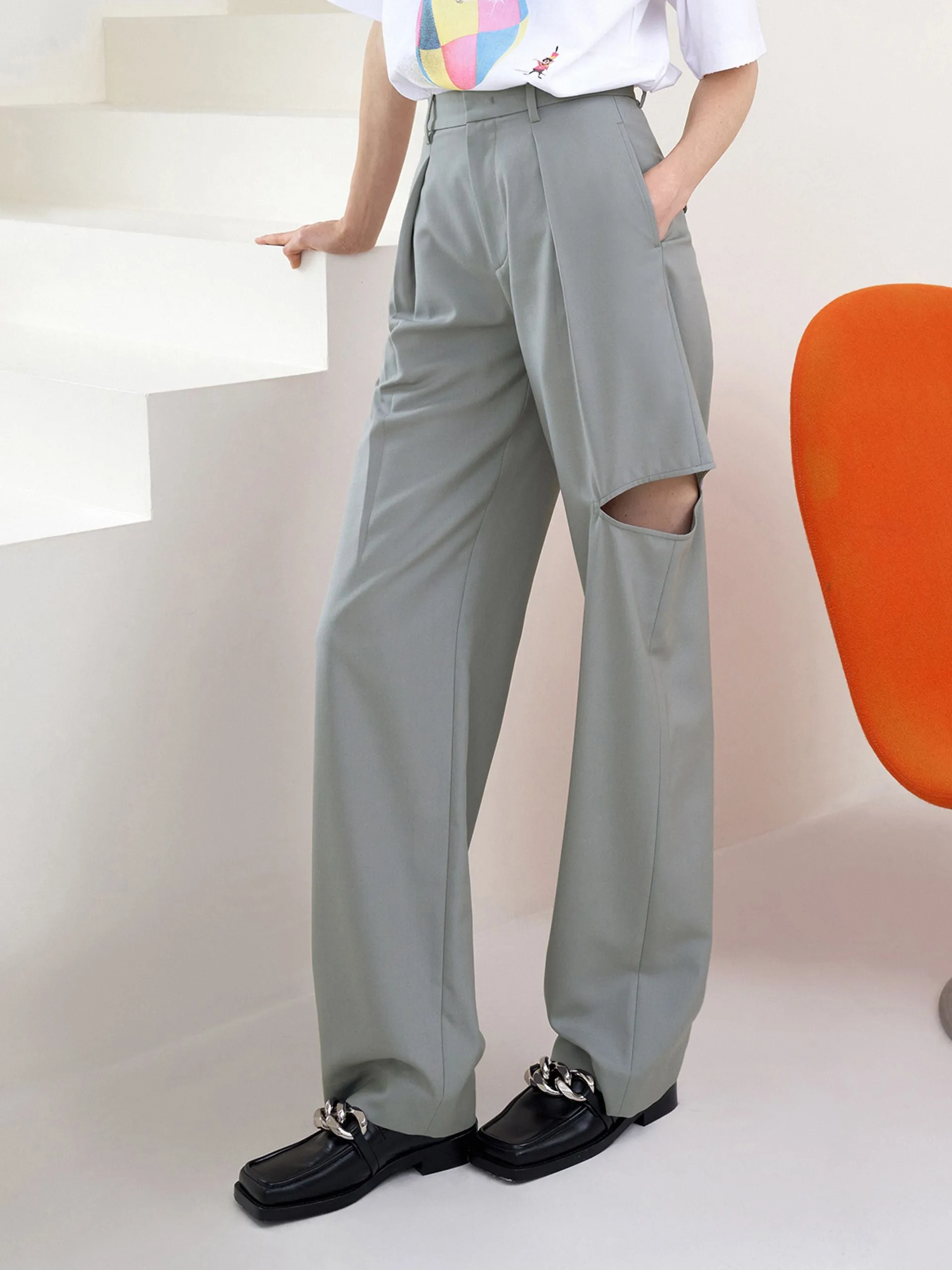 Wool Blend Ripped Suit Pants