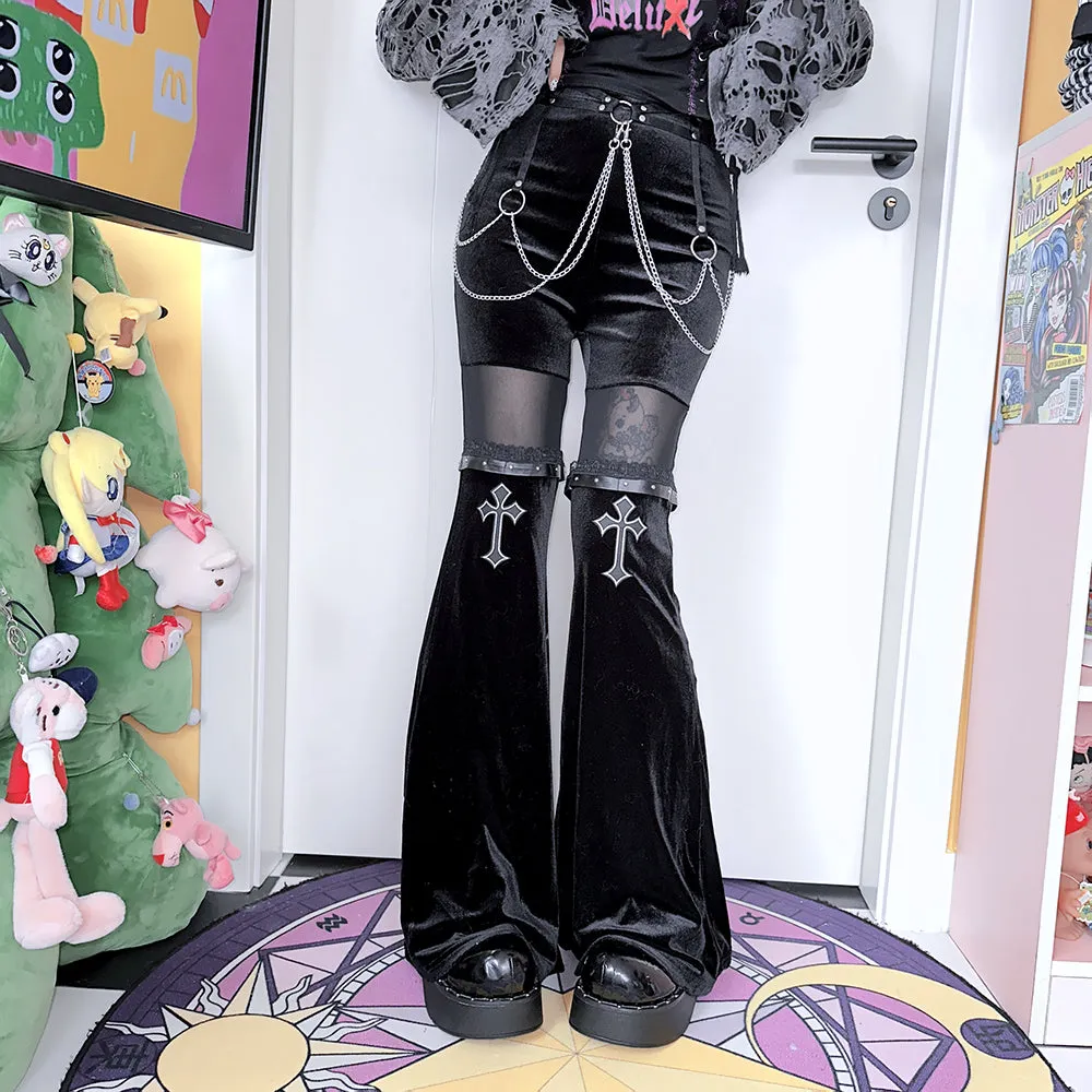 Y2K Hot Girls Women Goth Emo Punk Style Strap Chain Cross Belt Flared Pants